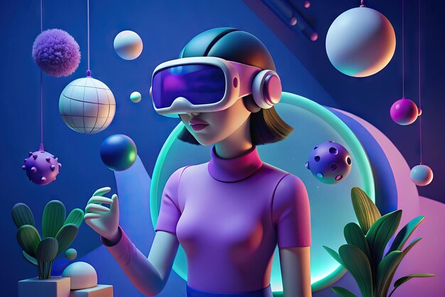 Foto ilustración futurista de una persona con gafas de realidad virtual y elementos en el fondo