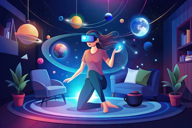 Ilustración futurista de una persona con gafas de realidad virtual y elementos en el fondo