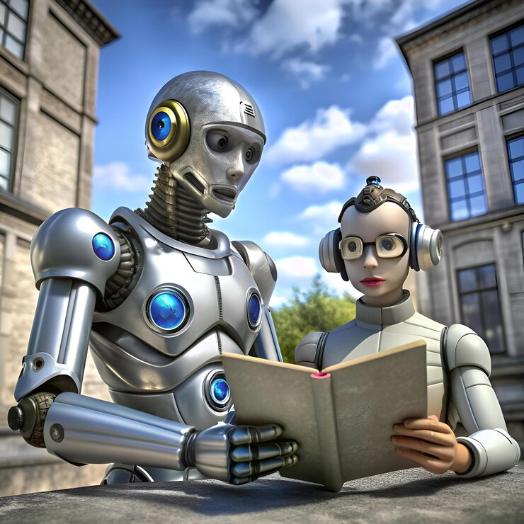 Foto una ilustración futurista que representa a dos robots un macho y una hembra involucrados en el aprendizaje