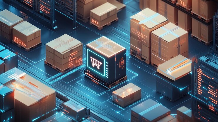 Foto una ilustración futurista que representa la logística del comercio electrónico con paquetes y un icono de carrito de compras en una placa de circuitos