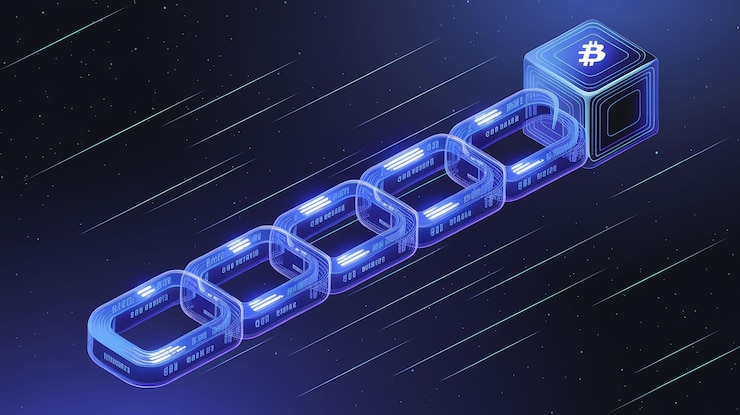 Foto ilustración futurista de la tecnología blockchain que representa bloques interconectados que brillan en azul contra un fondo oscuro