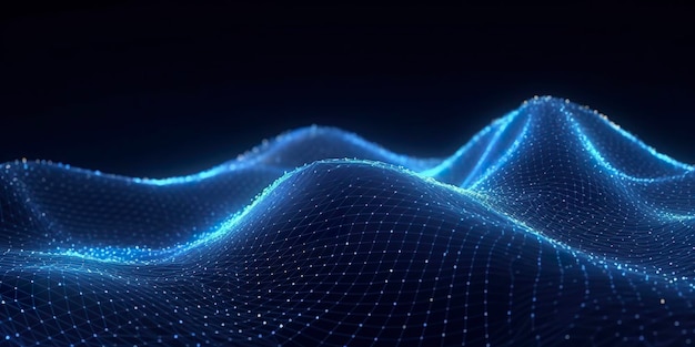 Ilustración futurista de tecnología de datos Patrón de onda azul sobre un fondo oscuro IA generativa