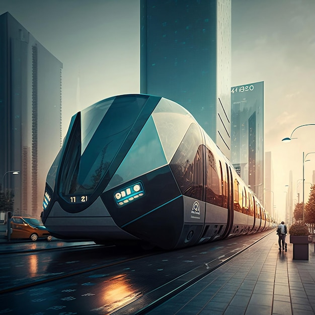 Ilustración del futuro de la movilidad urbana Tranvías futuristas Metro y subterráneos en un paisaje urbano ai generativo