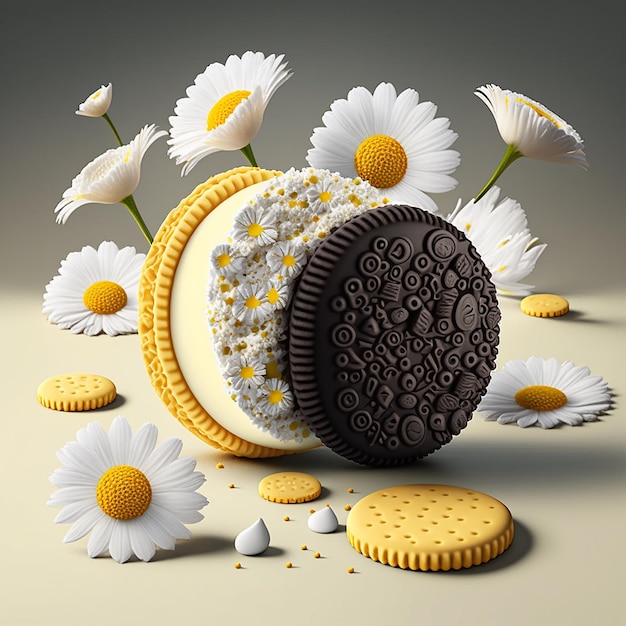 Una ilustración de una galleta oreo con flores y algunas otras galletas.