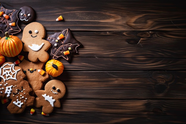 Ilustración de galletas de Halloween sobre un fondo de madera oscuro y espeluznante IA generativa