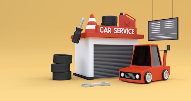 Ilustración de garaje de servicio de automóviles renderizado en 3D