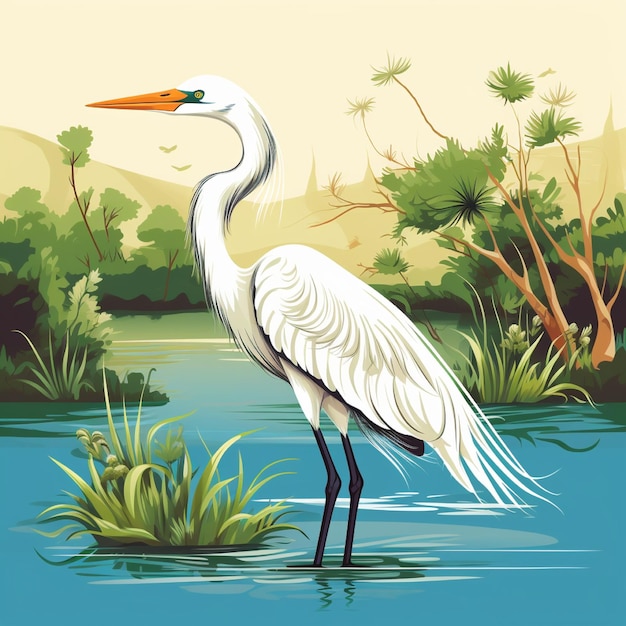 Ilustración de una garza en un fondo de río