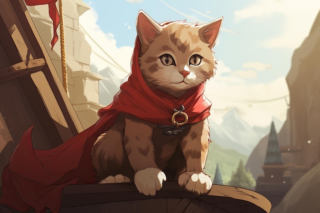 Ilustración de un gatito de aventura con un pañuelo mirando hacia arriba