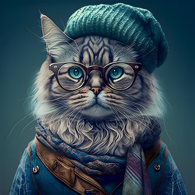 Ilustración de gato de arte divertido lindo hipster