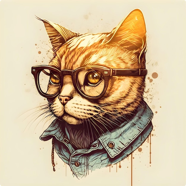 Ilustración de gato de arte divertido lindo hipster