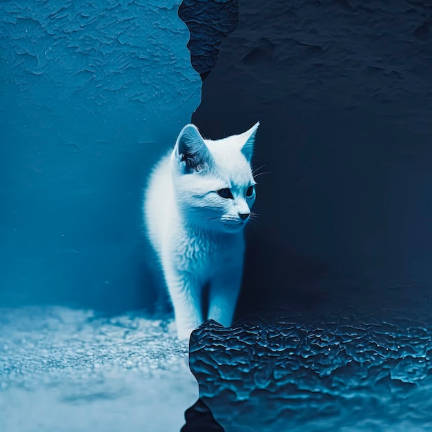 Una ilustración de un gato blanco majestuoso y elegante que disfruta de un paseo sereno en un país de las maravillas de invierno, en medio de un paisaje nevado que representa la calma y la belleza de la naturaleza en invierno. creado con Ge