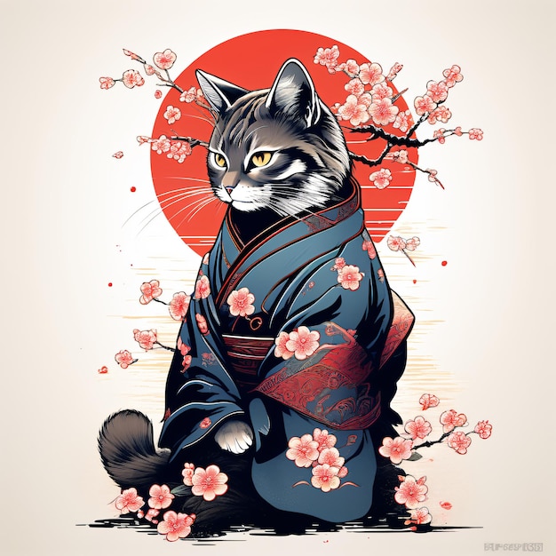 Ilustración de un gato japonés en un kimono con una flor de sakura