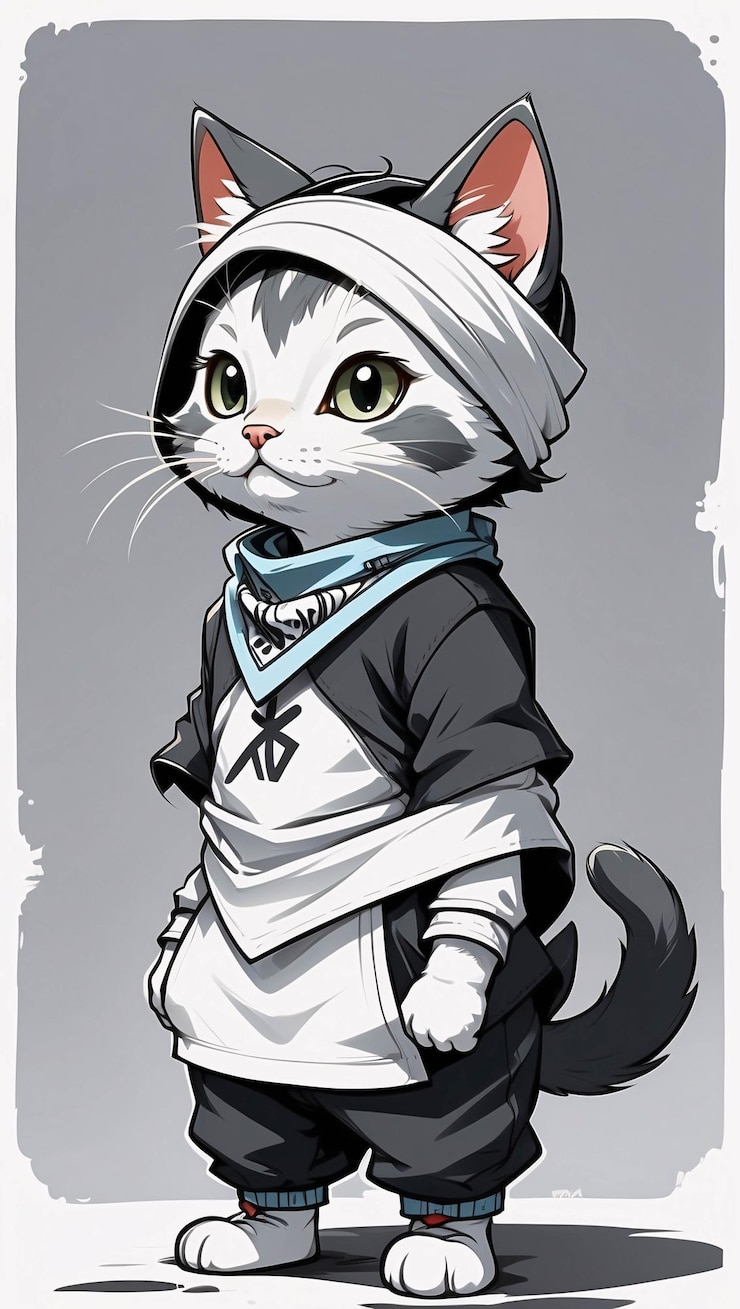 Foto ilustración de gato lindo kawaii gato anime gato de dibujos animados de pie en el suelo personaje animal