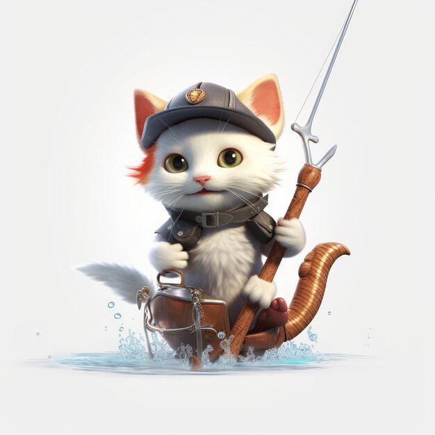 Ilustración gato marinero lindo amigos de pescado