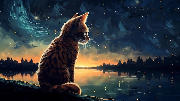 Ilustración de un gato mirando las estrellas bajo el cielo estrellado