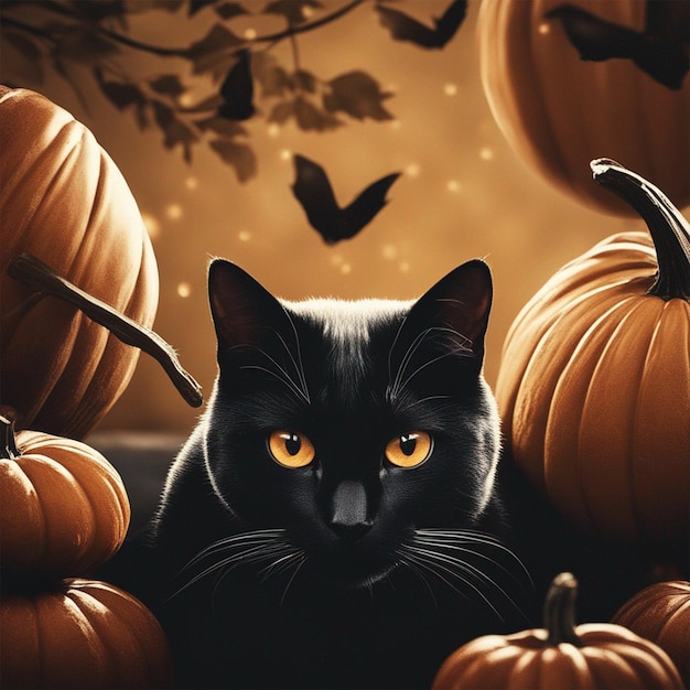 Ilustración de gato negro con cabeza de calabaza generada por ai