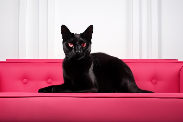 Ilustración de un gato negro sentado en un sofá blanco. Ai generativo.