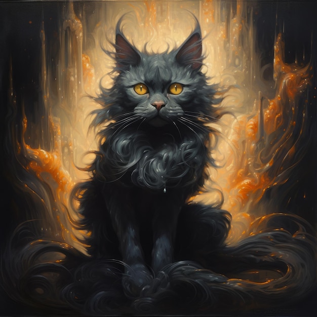 ilustración de un gato negro sobre un fondo de fuego Ilustración de Halloween Gato del Infierno