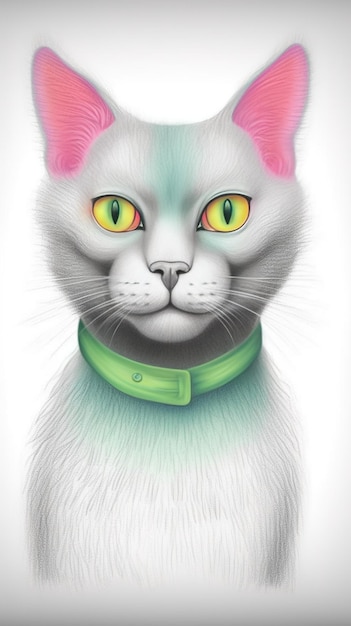 Ilustración de un gato con ojos verdes sobre un fondo blanco IA generativa