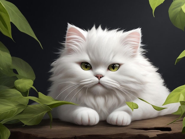 Ilustración de un gato peludo blanco con ojos verdes yace en la hierba hermoso dibujo vectorial de gato blanco