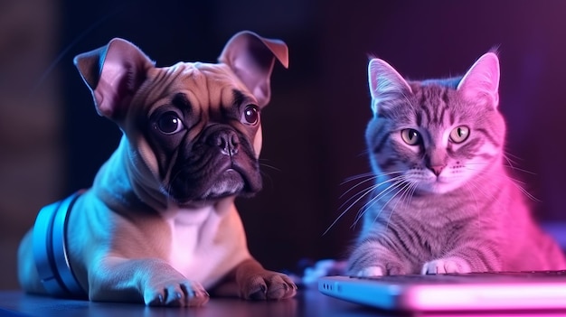 Ilustración de un gato y un perro cerca de una computadora portátil