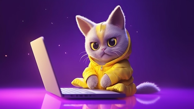 Ilustración de un gato sentado en la computadora portátil