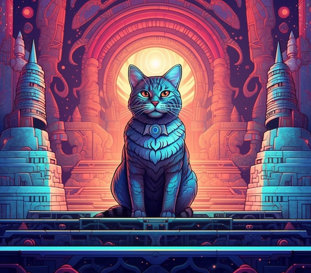 ilustración de un gato sentado en una plataforma frente a un castillo ai generativo