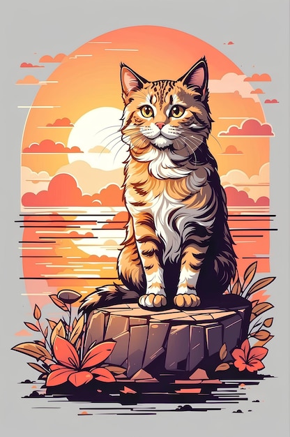 Ilustración de un gato sentado en un tronco frente a una puesta de sol