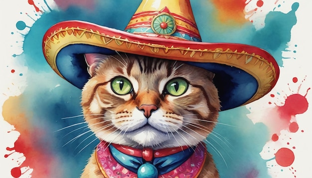 Ilustración de un gato con sombrero para celebrar