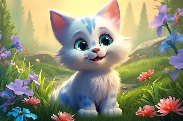 Ilustración del gato sonriente estilo de pintura digital en 3D