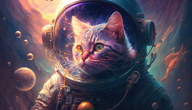 Ilustración de gato en traje espacial por IA generativa