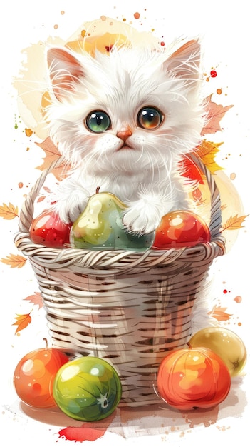 Foto ilustración de gatos y frutas en la canasta