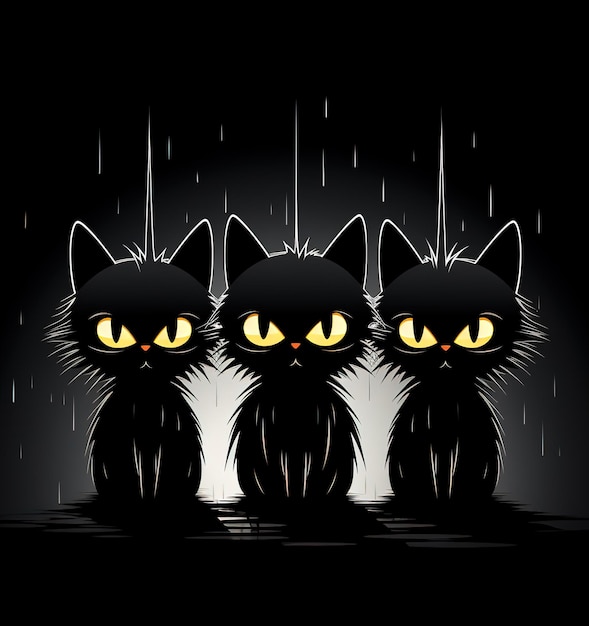ilustración de gatos negros con ojos brillantes en una escena nocturna