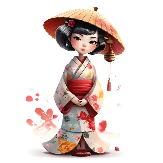 Ilustración de una geisha japonesa con un paraguas rojo sobre un fondo blanco.