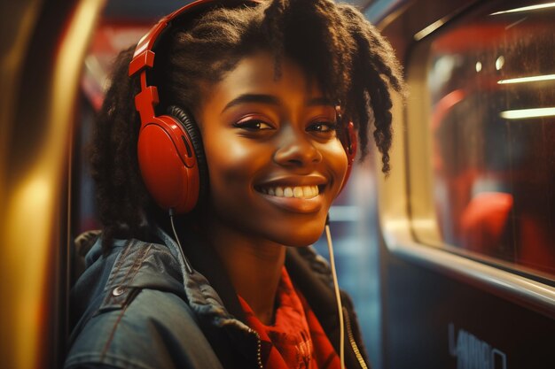 Ilustración generada por AI de una alegre niña afroamericana con auriculares rojos