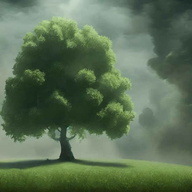 Ilustración generada por AI de un árbol en un campo en un bosque brumoso