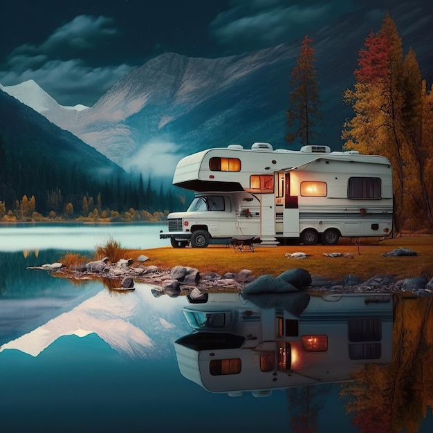 Ilustración generada por Ai caravana de autocaravanas acampando con el paisaje de las montañas en verano