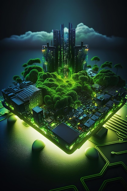 Ilustración generada por Ai ciudad futurista ecológica verde en la parte superior de la placa base con luz brillante