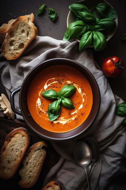 Ilustración generada por ai deliciosa sopa de tomate con pan de ajo