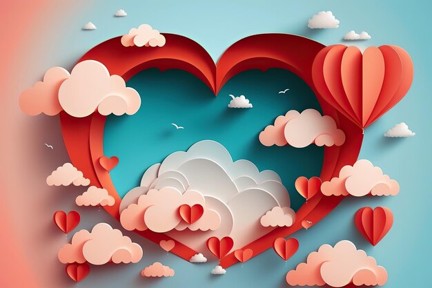 Ilustración generada por Ai Día de San Valentín estilo corte de papel con globo de corazón y amor