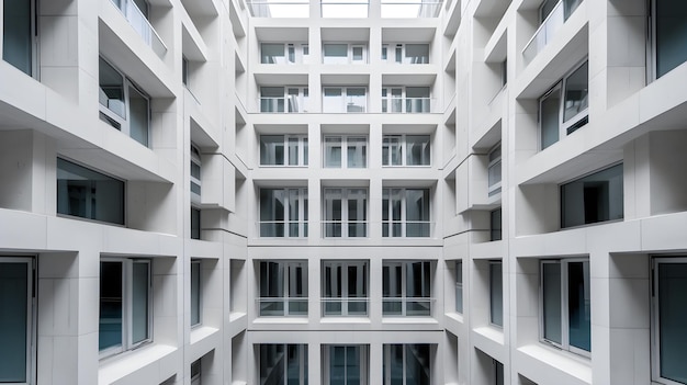 Una ilustración generada por Ai de un edificio moderno con una fachada de vidrio y múltiples ventanas que reflejan el paisaje urbano circundante