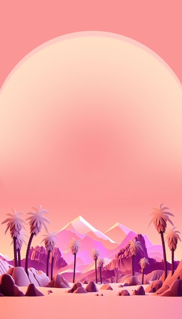 Ilustración generada por AI de palmeras y montaña. Viajes e isla paradisíaca.