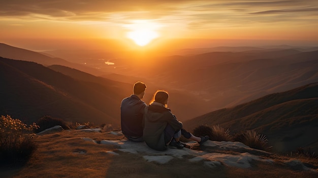 Ilustración generada por AI de una pareja sentada en el borde de un acantilado y mirando la puesta de sol