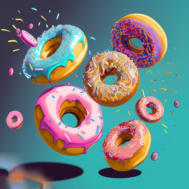 Ilustración generada por Ai volando donuts coloridos Fotos