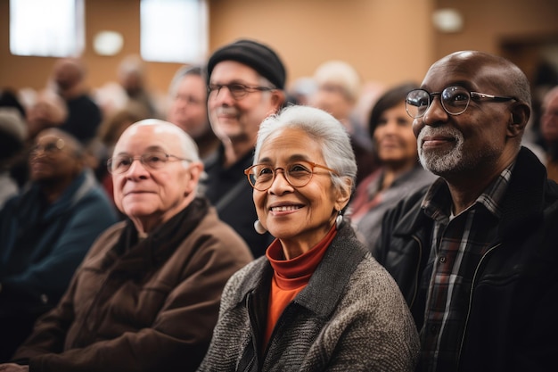 Ilustración generada de ancianos disfrutando de una reunión en una fiesta de jubilación caras sonrientes