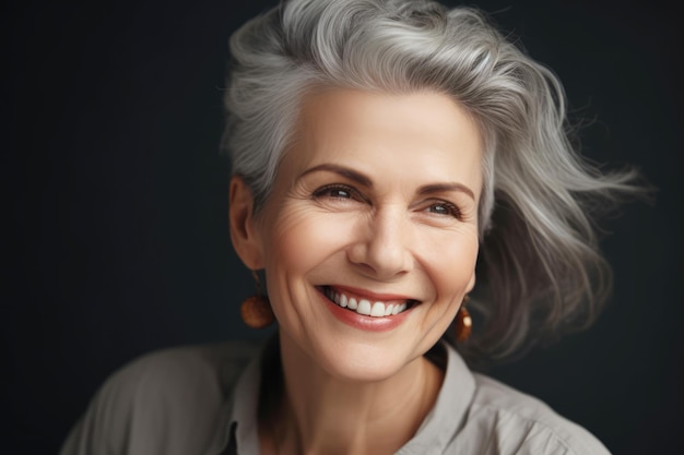 Ilustración generada de una hermosa y hermosa mujer mayor de 50 años, modelo sénior de cabello gris corto.