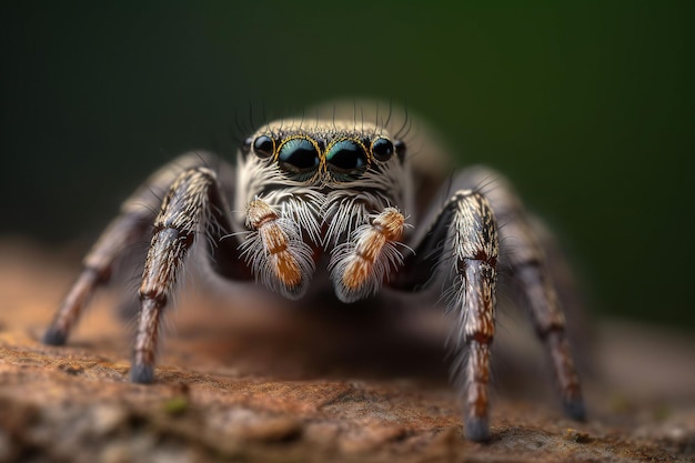 Ilustración generada por IA de una araña saltadora contra un fondo verde oscuro.