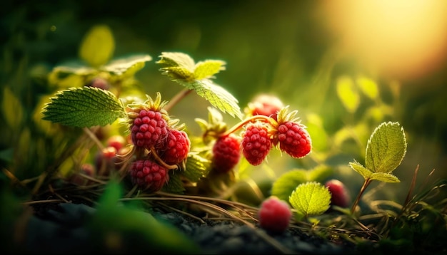 Ilustración generada por IA de un arbusto de frambuesa fresca que florece en un campo de hierba verde y soleado