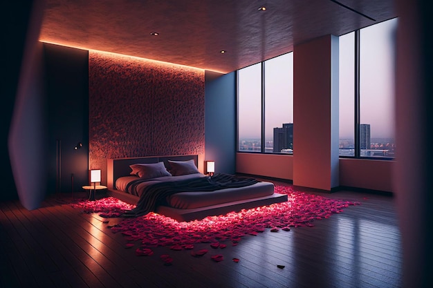 Una ilustración generada por la IA de un ático espacioso interior de dormitorio decorado con flores rosas