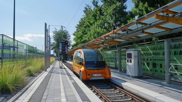 Ilustración generada por la IA de un automóvil sostenible conectado a una fuente de energía en una estación
